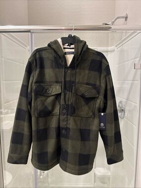 Sherpa-Lined Plaid Hooded Jacket - Olive/Black